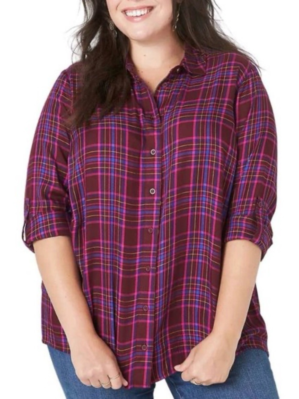 Lane Bryant Women’s Dark Red Pink Plaid Long Sleeve Button-Up Shirt Size 14/16